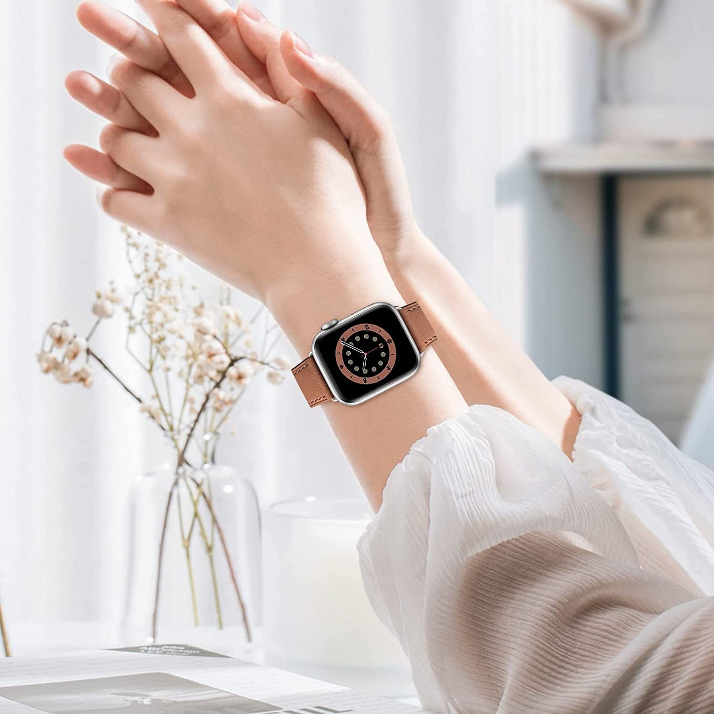 WFEAGL Compatible Iwatch Band 42Mm 44Mm 45Mm, Top Grain Leather Bands of Many Colors for Iwatch SE & Series 7,Series 6,Series 5,Series 4,Series 3,Series 2,Series 1 (Light Brown+Silver, 42Mm 44Mm 45Mm)  WFEAGL   