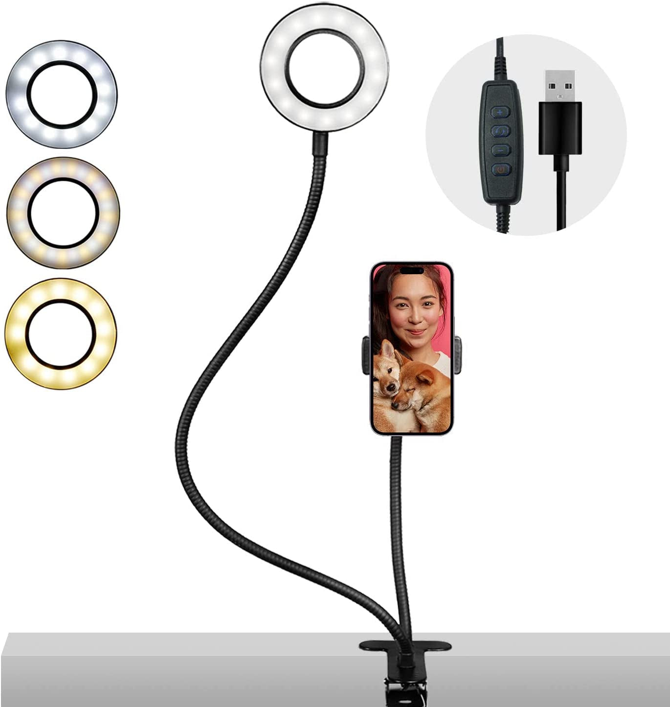 LS Photography Clip on Selfie Ring Light Stand with Phone Holder, Flexible Arms for Video Photography Desk Lamp Bedroom, LGG775  LS PHOTOGRAPHY   