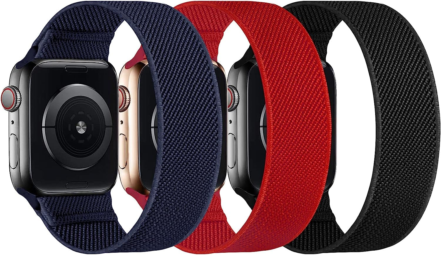 ENJINER Stretchy Nylon Solo Loop Bands Compatible with Apple Watch 38Mm 40Mm 41Mm 42Mm 44Mm 45Mm 49Mm Ultra Iwatch Series 8 7 SE 6 5 4 3 2 1 Strap, Sport Elastic Braided Women Men No Buckles Clasps Replacement Wristband  ENJINER 3B-Black/Red/Deep Navy Blue 42/44/45/49mm XS(wrists 5.20"-5.71"/132-145mm) 