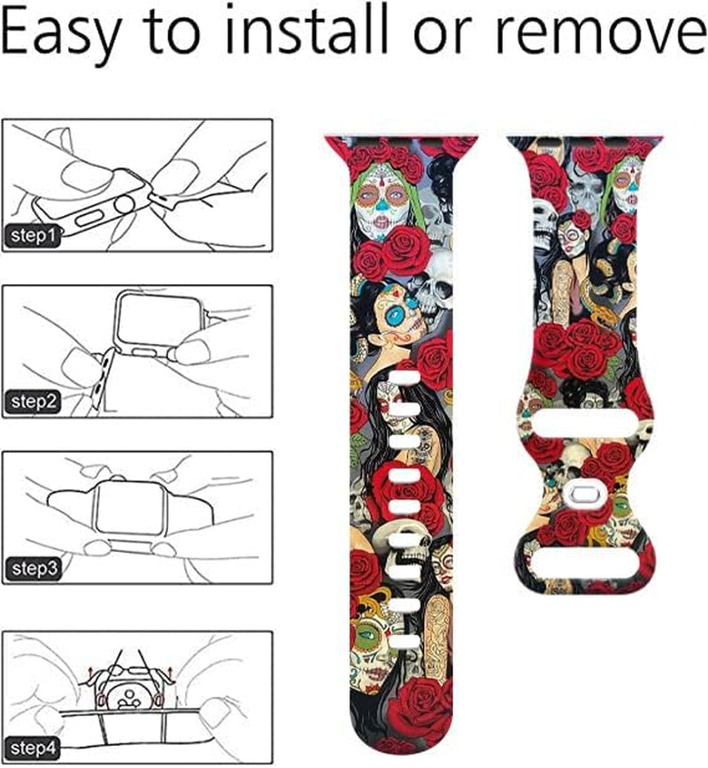 Halloween Watch Band Compatible with Apple Watch 38Mm 40Mm 41Mm 42Mm 44Mm 45Mm, Day of the Dead Decor Replacement Bands Silicone Wristbands Strap Compatible with All Iwatch Series  WANSENCE   