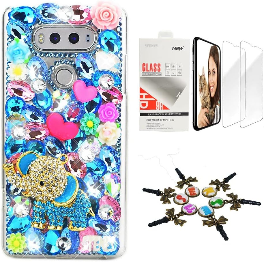 STENES Bling Case Compatible with LG Aristo 2 - Stylish - 3D Handmade [Sparkle Series] Retro Butterfly Flowers Design Cover with Screen Protector [2 Pack] - Multi Colorful  STENES Sweetheart Elephant Flowers / Blue Design For Lg Stylo 3 