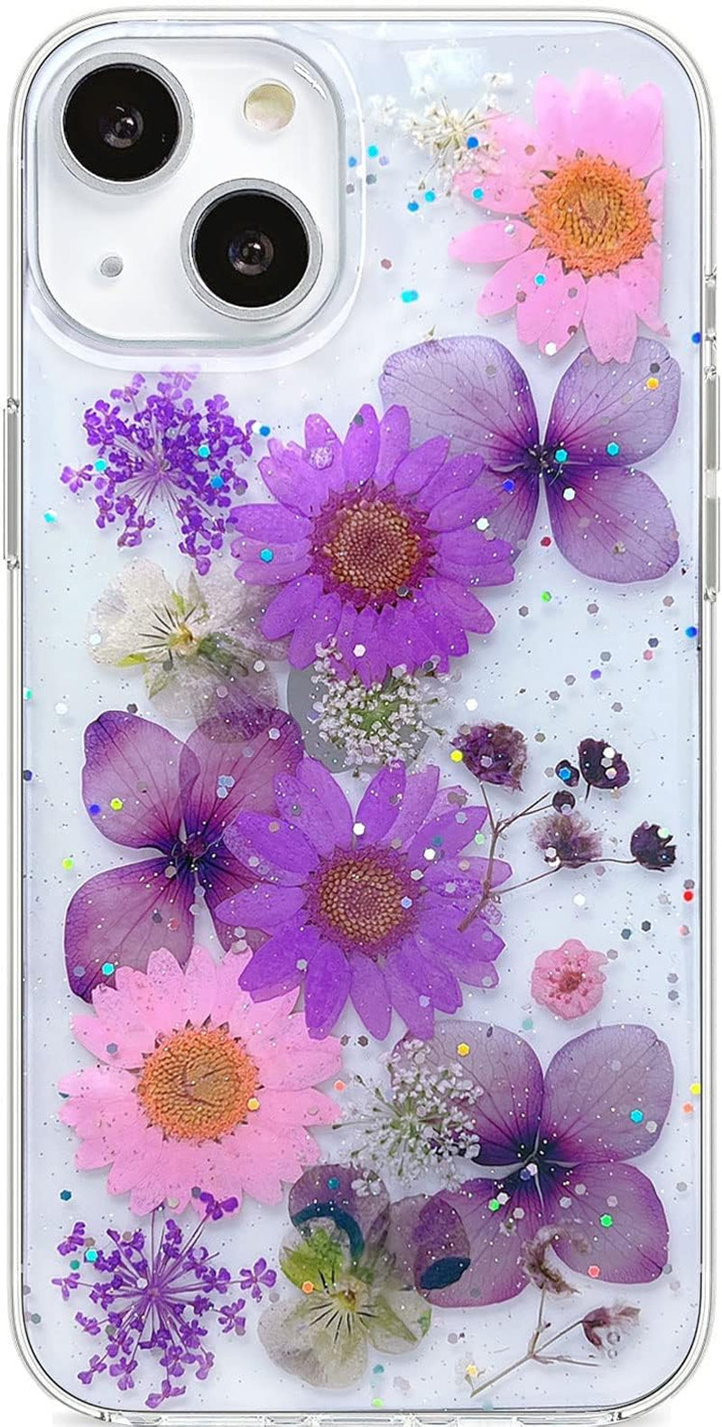 Abbery Designed for Iphone 13 Pressed Flower Case, Cute Clear with Design Soft Silicone Rubber Dried Real Flowers Floral Aesthetic Case for Iphone 13 6.1 Inch (Glitter Blue)  Abbery Glitter Purple  
