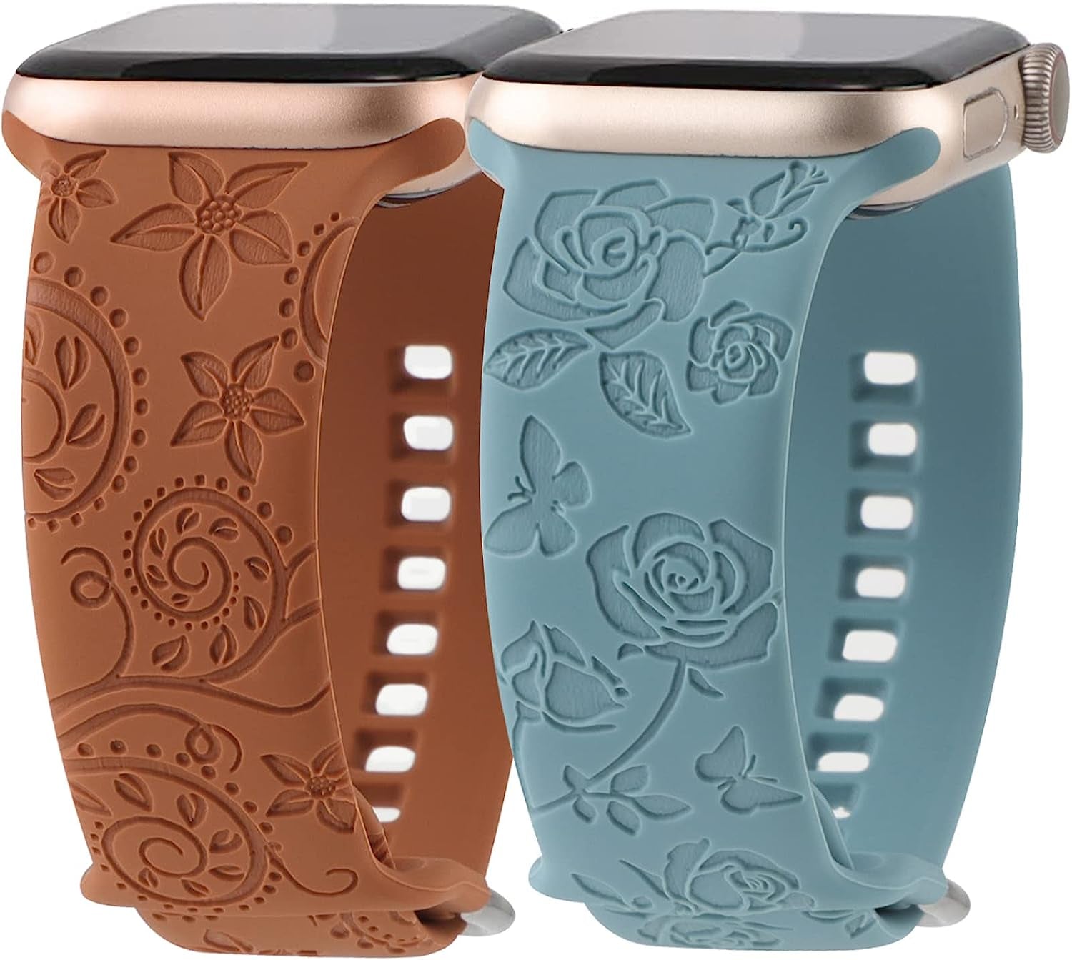 Flower Engraved Bands Compatible with Apple Watch Band 41Mm 40Mm 38Mm 44Mm 42Mm 45Mm 49Mm, Cute Women Floral Soft Silicone Sport Replacement Strap for Iwatch Series Ultra SE 8 7 6 5 4 3 2 1  TERKOWQI Brown Cactus 42mm/44mm/45mm/49mm 