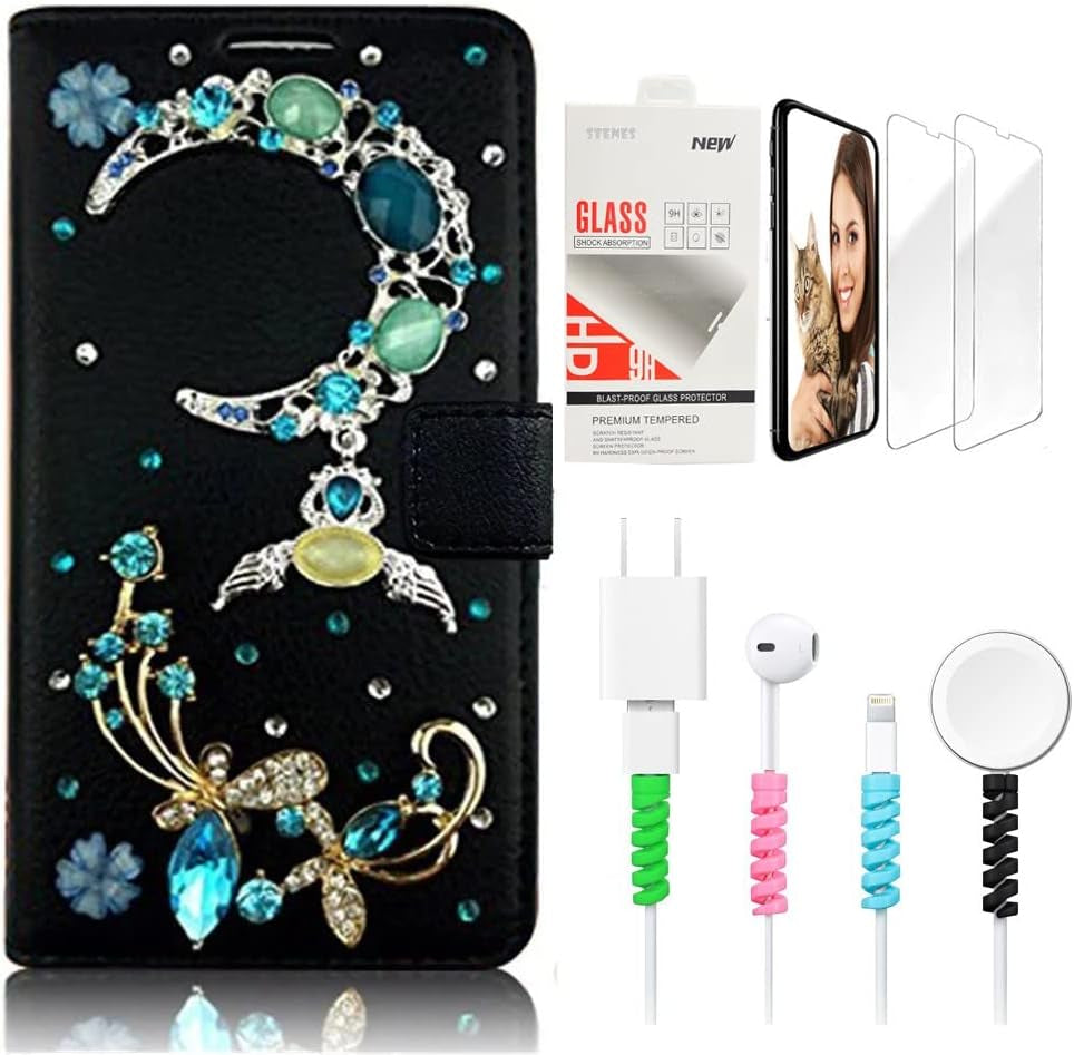 STENES Bling Wallet Phone Case Compatible with LG G7 Thinq - Stylish - 3D Handmade Crown Heart Design Leather Cover with Screen Protector & Cable Protector - Black  STENES Butterfly Crescent Moon / Green Design For Samsung Galaxy A10S 