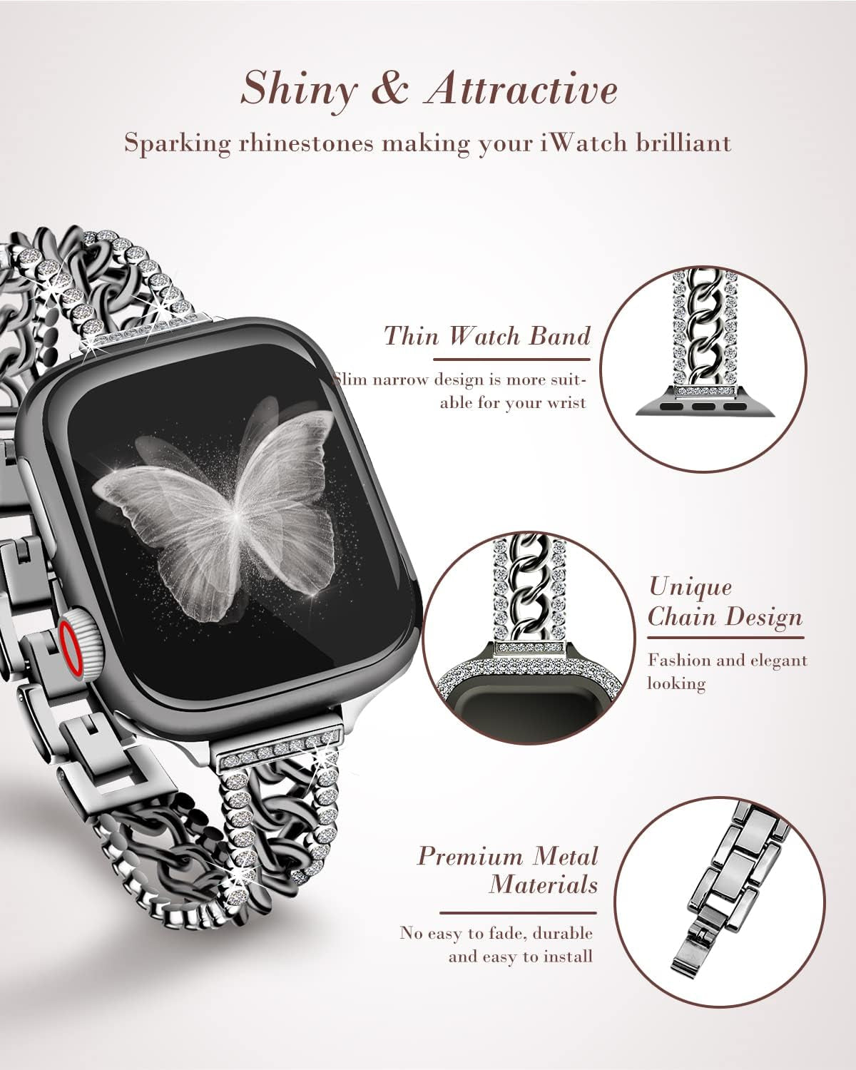 Beu1St Bling Chain Compatible with Apple Watch Band 42Mm 44 Mm 45Mm 49Mm, Women Dressy Glitter Diamond Rhinestone Stainless Steel Metal Bracelet Strap for Iwatch Series 8/7/6/5/4/3/2/1/SE Black  beu1st   