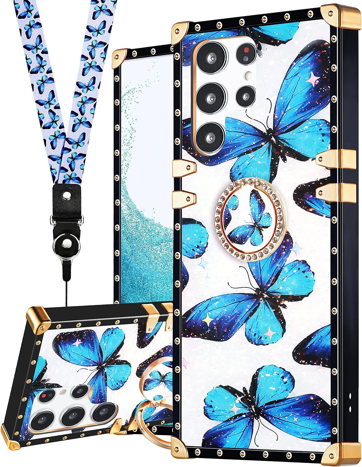 Loheckle for Samsung Galaxy S22 Ultra Case for Women Girls with Ring Stand Holder and Lanyard, Marble Camo Retro Luxury Glamour Cute Square Edges Phone Cover for S22 Ultra  JianKeJi 2-Butterfly-S22-Ultra  