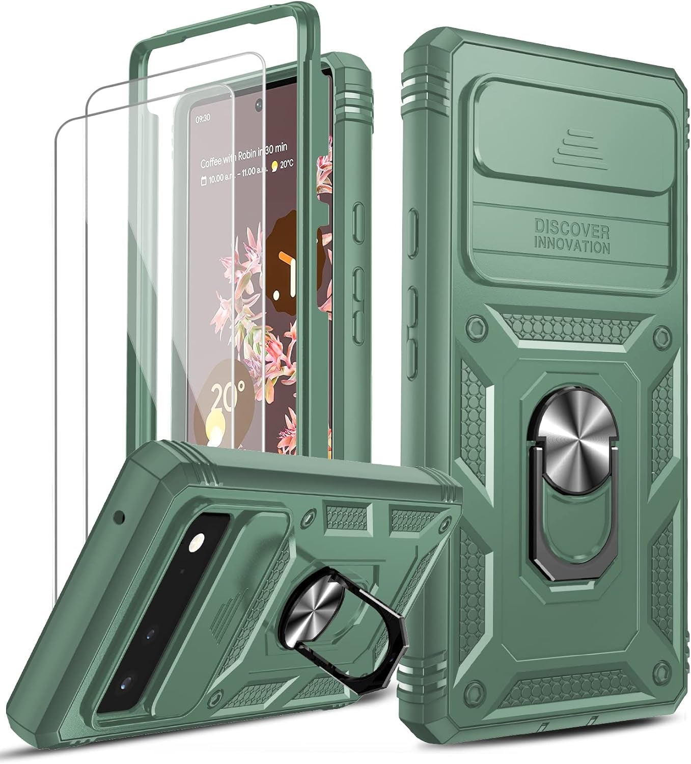 Leyi for Google Pixel 6 Case: Case for Pixel 6 with Slide Camera Cover + [2 Packs] Tempered Glass Screen Protector, 360 Full Body Military-Grade Phone Case with Kickstand for Google Pixel 6, Red  LeYi Green Google Pixel 6 