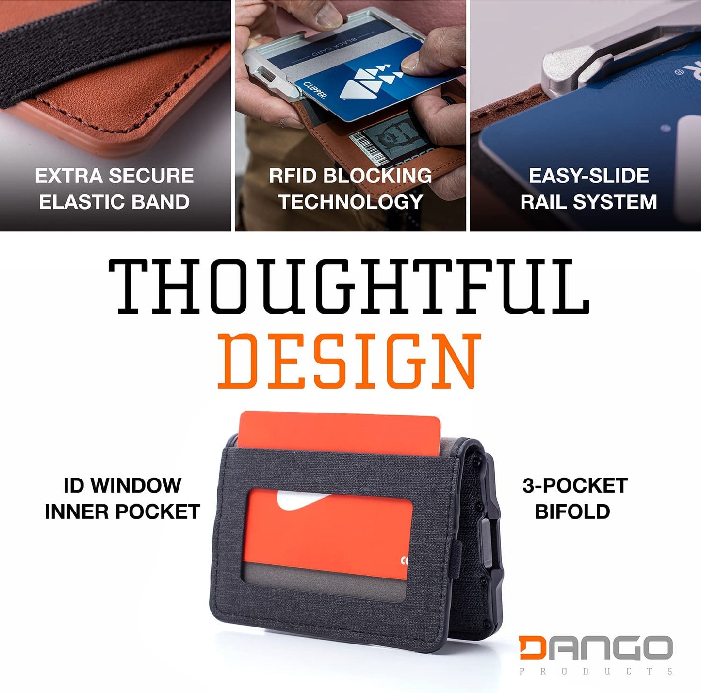Dango D03 Dapper Bifold EDC Wallet - Made in USA - Genuine Leather, Slim, Minimalist, Metal, RFID Blocking  Dango Products   