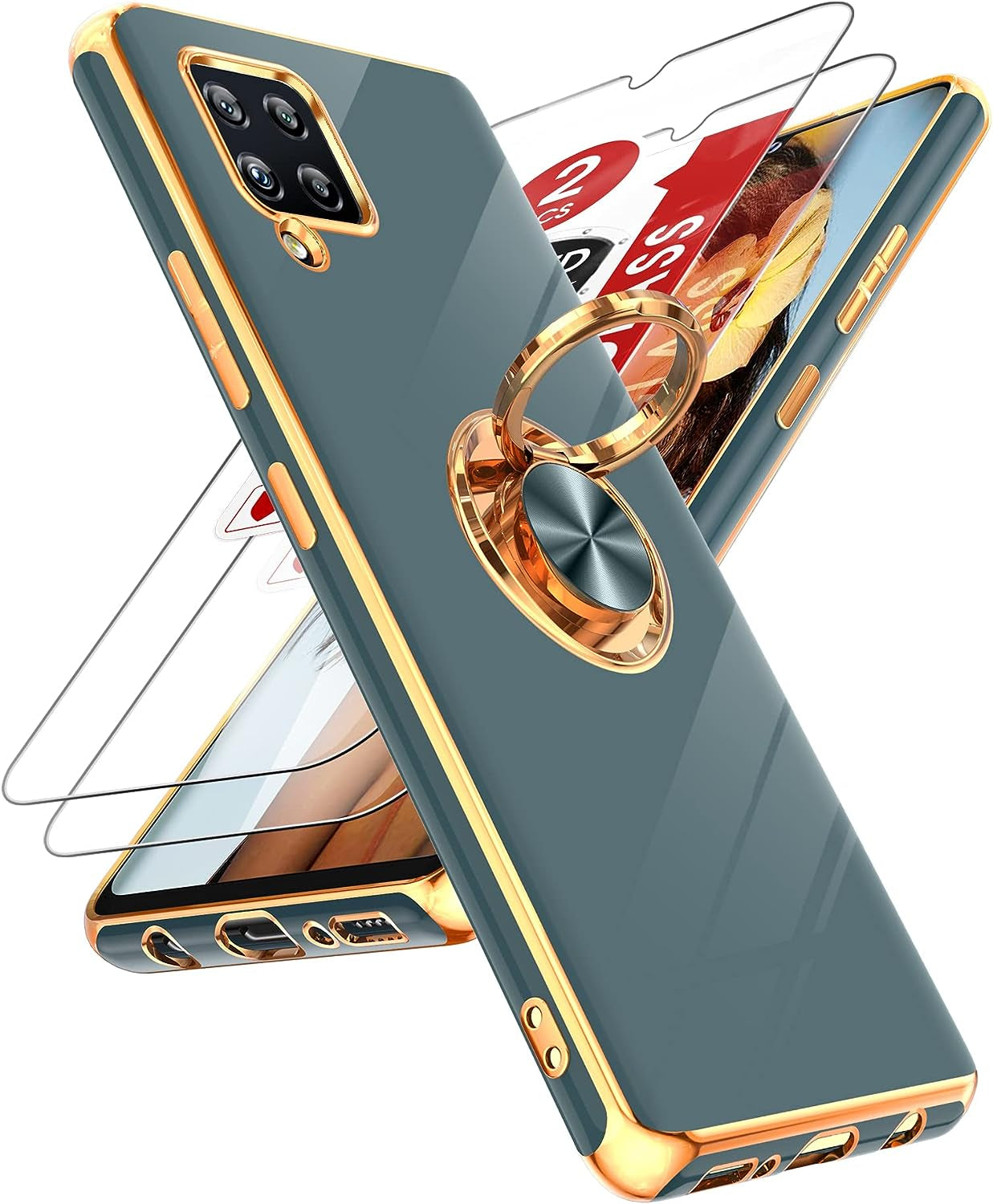 Leyi for Samsung Galaxy A42 5G Case with Tempered Glass Screen Protector [2 Pack] 360° Rotatable Ring Holder Magnetic Kickstand, Plating Rose Gold Edge Protective Case, White  LeYi Gray  