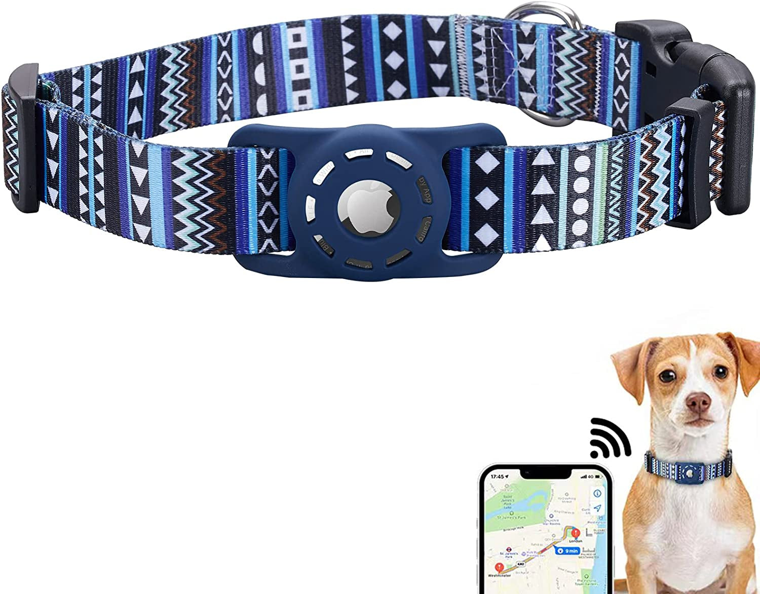 KONITY Reflective Airtag Dog Collar, Compatible with Apple Airtag, Nylon Pet Cat Puppy Collar with Silicone Airtag Holder for Small, Medium, Large, and Extra Large Dogs  Konity Bohemia Navy S: 9.8"-15.7" neck 