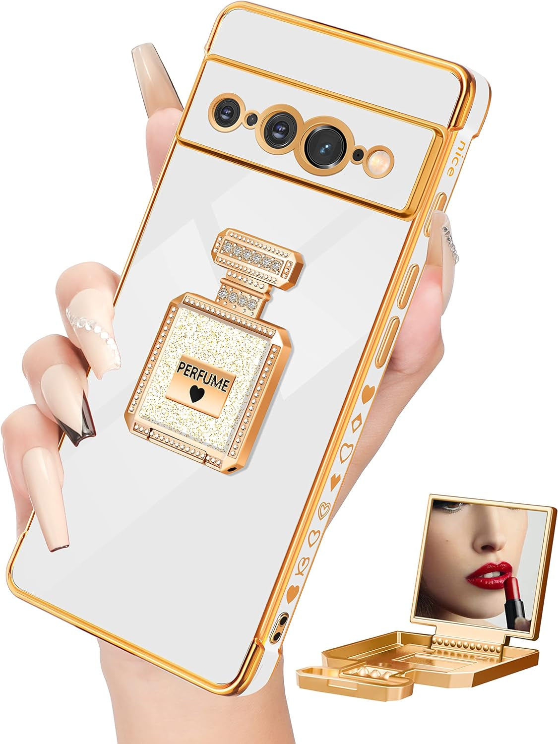 Buleens for Pixel 6 Pro Case with Metal Perfume Bottle Mirror Stand,Cute Women Girly Heart Cases for Google Pixel 6 Pro Case, Elegant Luxury Phone Cover for Pixel 6 Pro Phone Case 6.7''Sierra Blue  Buleens White For Google Pixel 7 Pro 