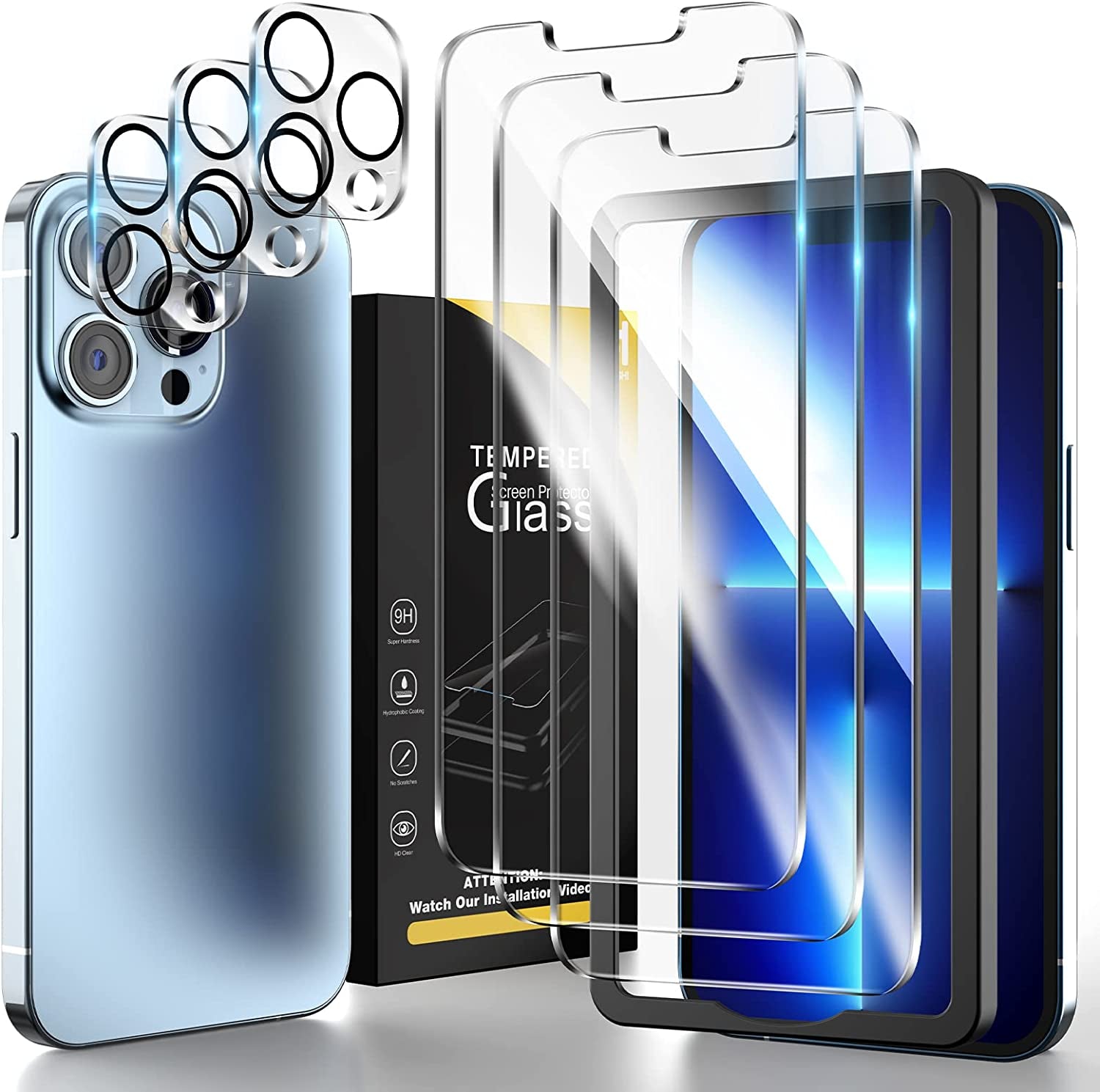 HATOSHI 3 Pack Tempered Glass Screen Protector for Iphone 13 with 3 Pack Camera Lens Protector, Easy Installation HD Clear Protective Glass Screen Film for Iphone 13 6.1-Inch [Work with Most Cases]  HATOSHI iPhone 13 Pro Max 6.7-inch  