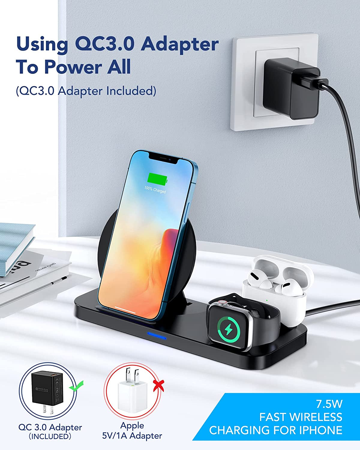 [2022 NEW] 3 in 1 Wireless Charging Station for Multiple Devices Apple, Charging Stand for Iphone and Apple Watch 7/6/SE/5/4/3/2/1, Portable Charging Dock for Airpods Pro/3/2/1 (With 18W Fast Charger)  Dulums   