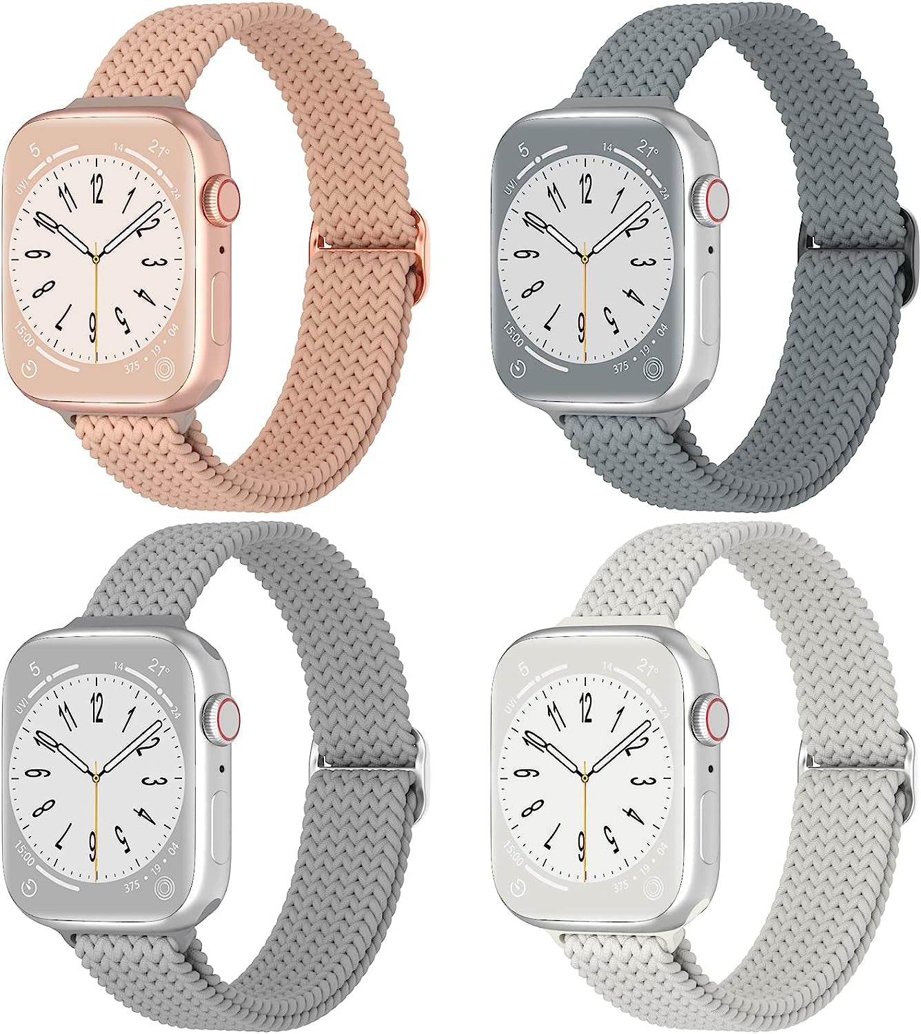DYKEISS 4 Pack Slim Braided Solo Loop Bands Compatible for Apple Watch Band 38Mm 42Mm 40Mm 44Mm 41Mm 45Mm 49Mm, Stretch Nylon Elastic Thin Strap for Iwatch Ultra Series 8/7/SE/6/5/4/3/2/1 Women & Men  DYKEISS Milk Tea/Blue Grey/Grey/White 38/40/41mm 