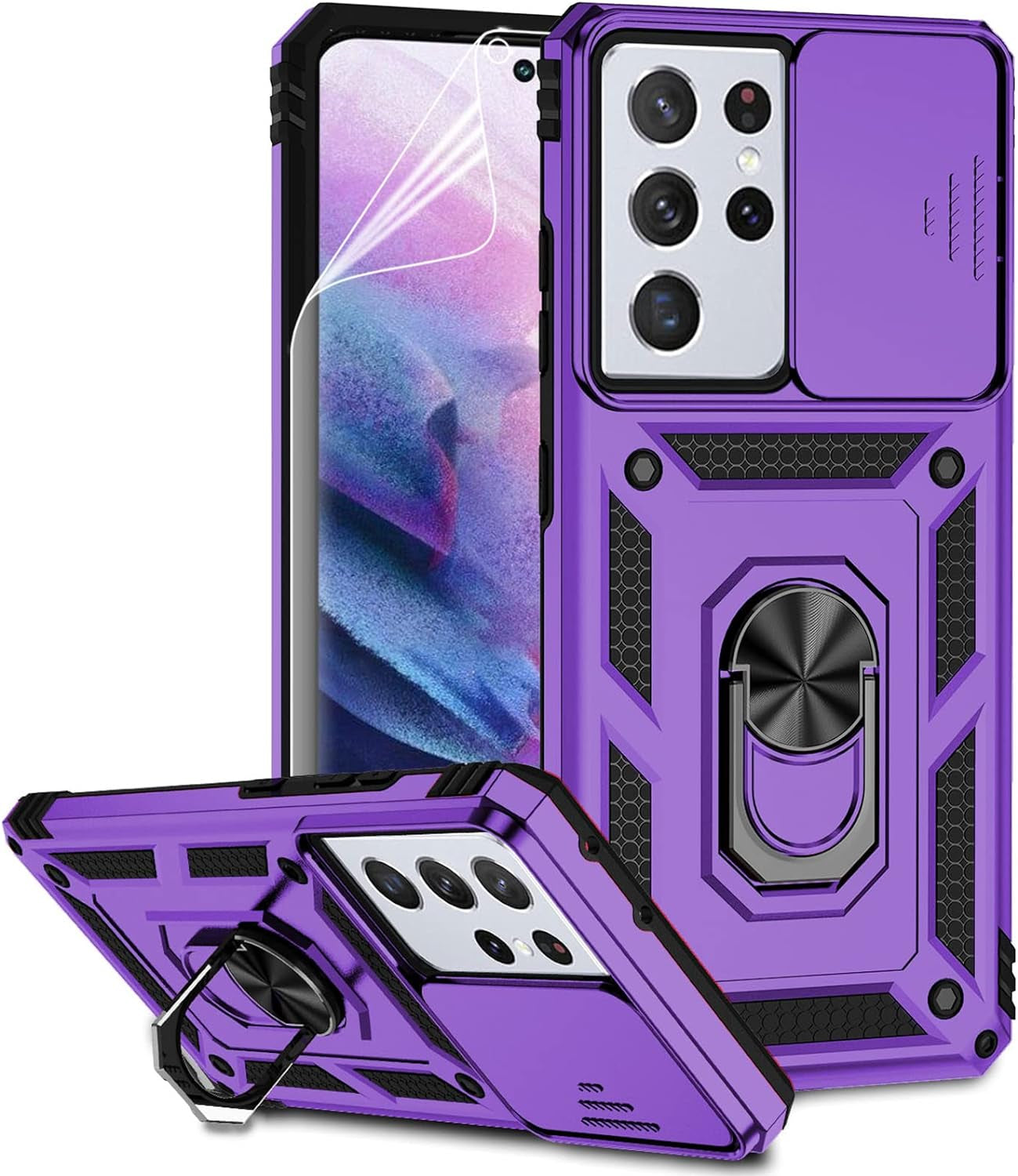 For Samsung Galaxy S21 Ultra Case with Camera Lens Cover HD Screen Protector, Military-Grade Drop Tested Magnetic Ring Holder Kickstand Protective Phone Case for Samsung Galaxy S21 Ultra 5G (Black)  JINZHI Inc Purple With Camera Cover Military-Grade 2Nd Gen  
