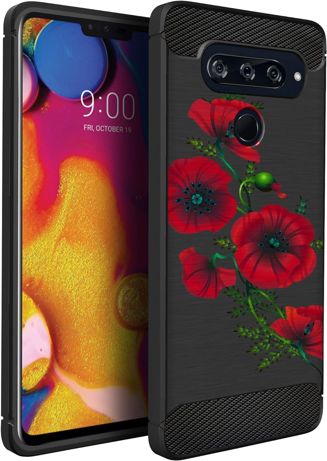 Casesondeck Case Compatible with [LG V40 Thinq] Tribal Floral Matte TPU Flexible Carbon Fiber Textured (Dreamcatcher)  CasesonDeck Red Vine Flower  