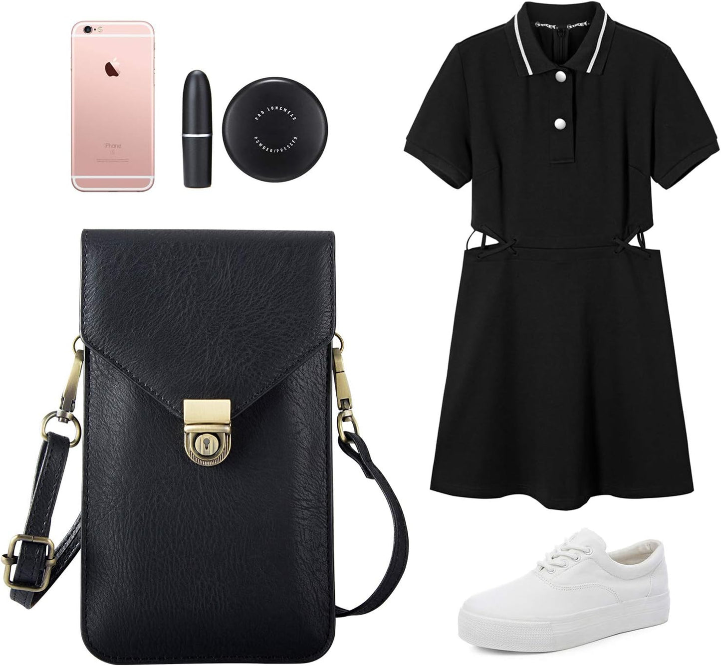 Techcircle Small Cell Phone Purse, Synthetic Leather Crossbody Bag Dual Pockets Card Holder Neck Pouch with Adjustable Strap for Iphone X Xr 8 7 6S Plus, Galaxy S10 S9 S8 Plus, LG G8 Thinq, Black  Techcircle   