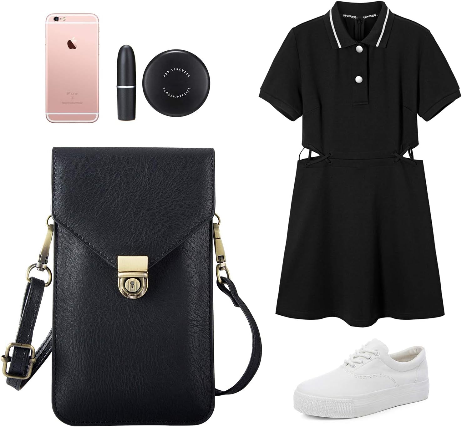 Techcircle Small Cell Phone Purse, Synthetic Leather Crossbody Bag Dual Pockets Card Holder Neck Pouch with Adjustable Strap for Iphone X Xr 8 7 6S Plus, Galaxy S10 S9 S8 Plus, LG G8 Thinq, Black  Techcircle   