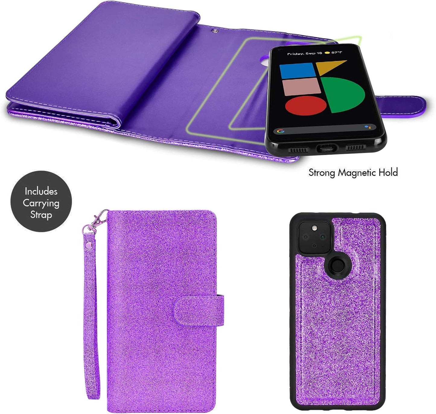 Newseego Compatible Google Pixel 5 Leather Case 6Inch,Glitter Faux PU Leather Magnetic Closure Multi-Credit Card Slot Cash Holder Detachable 2 in 1 Wallet Cover with Wrist Strap-Purple  Newseego   