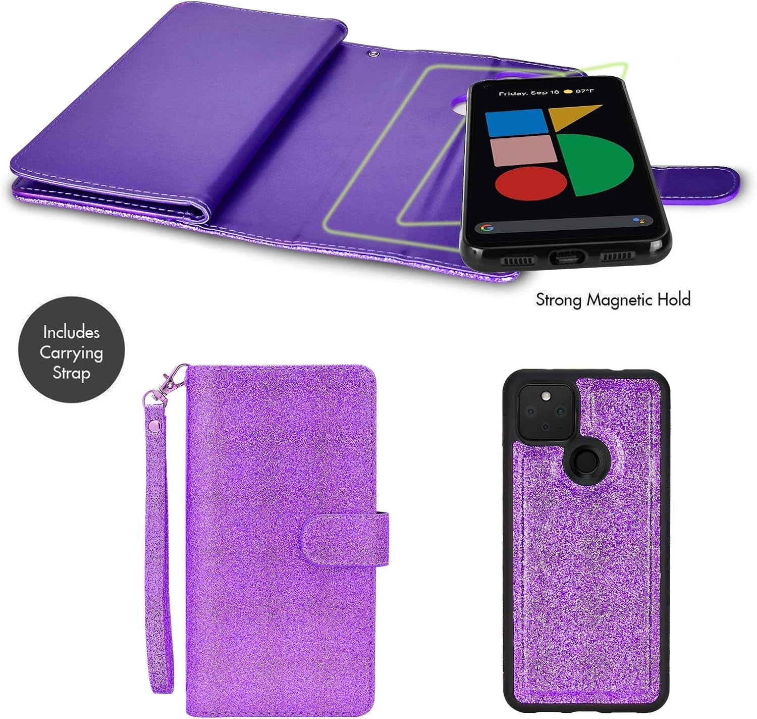 Newseego Compatible Google Pixel 5 Leather Case 6Inch,Glitter Faux PU Leather Magnetic Closure Multi-Credit Card Slot Cash Holder Detachable 2 in 1 Wallet Cover with Wrist Strap-Purple  Newseego   