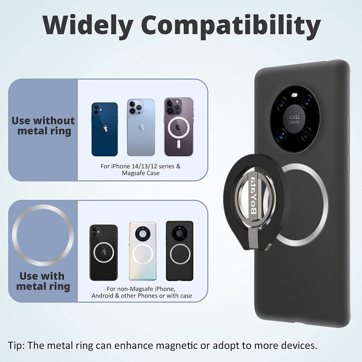 Boyata Magnetic Phone Ring Holder, 360° Rotating Phone Grip for Magsafe, Adjustable & Detachable Finger Ring Stand Compatible for Iphone 12/13/14, Iphone Series & Android Devices Use with Iron Ring  BoYata   