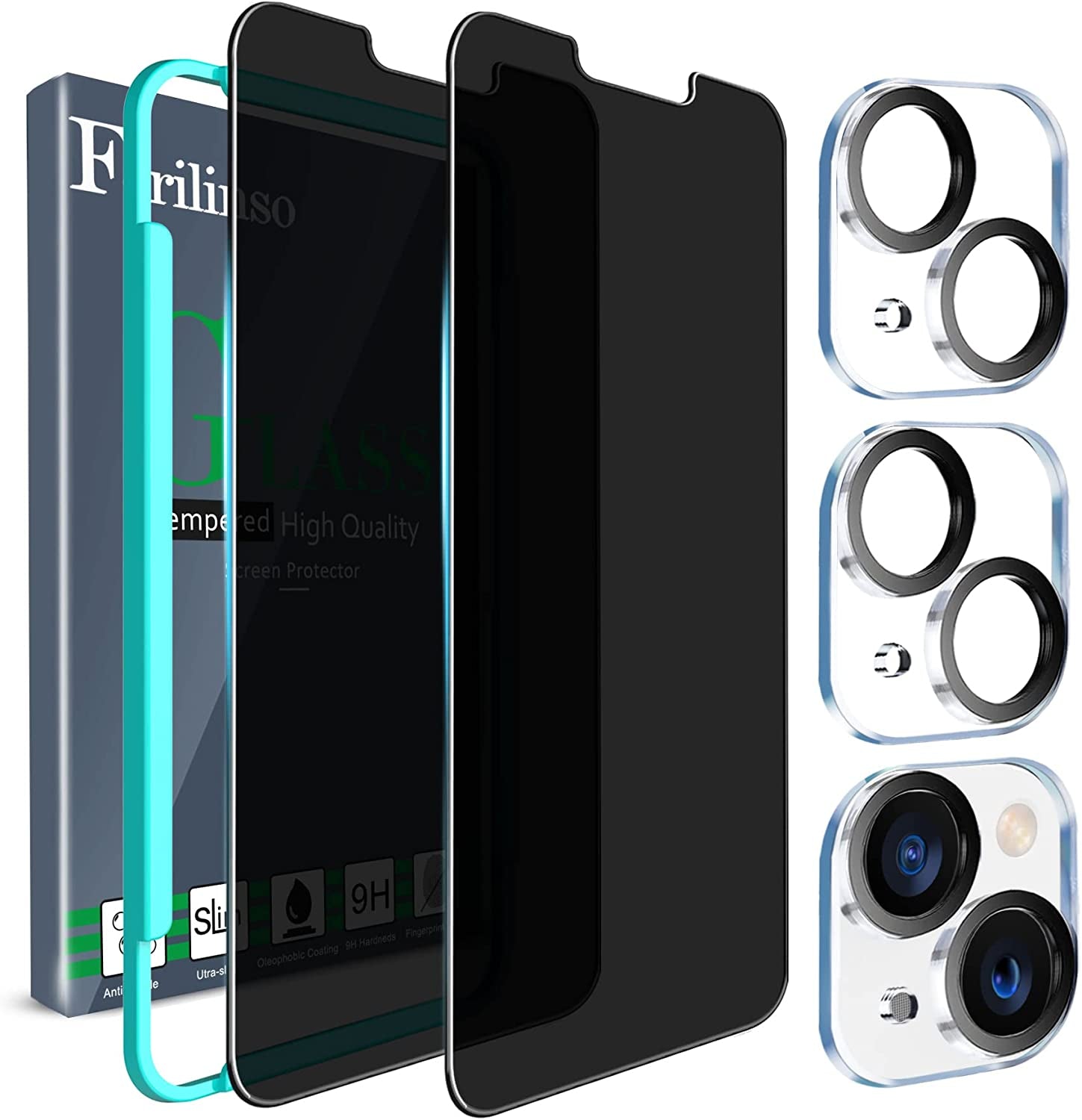 Ferilinso for Iphone 13/ 14 Privacy Screen Protector 2 Pack 9H anti Spy Tempered Glass Privacy Screen with 2 Pack Camera Lens Protector Case Friendly Accessories  Ferilinso   
