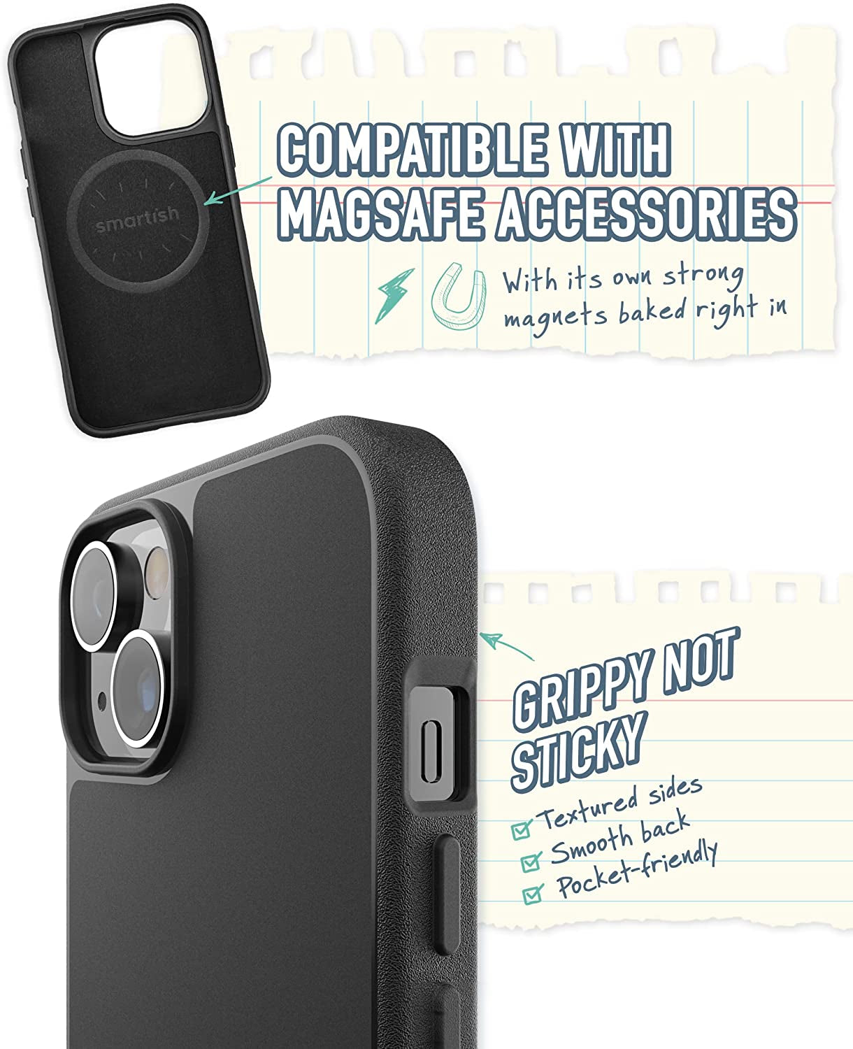 Smartish Iphone 14 Slim Case - Gripmunk Compatible with Magsafe [Lightweight + Protective] Thin Grip Cover with Microfiber Lining - Black Tie Affair  Smartish   