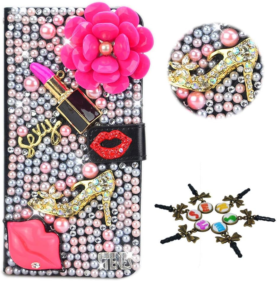 STENES Bling Case Compatible with LG V30 - Stylish - 3D Handmade Pretty Sunshine Flower Butterfly Design Magnetic Wallet Leather Cover Compatible with LG V30 / LG V30 plus - Purple  STENES Lipstick Flowers Lips Girls High-Heel / Rose Red  