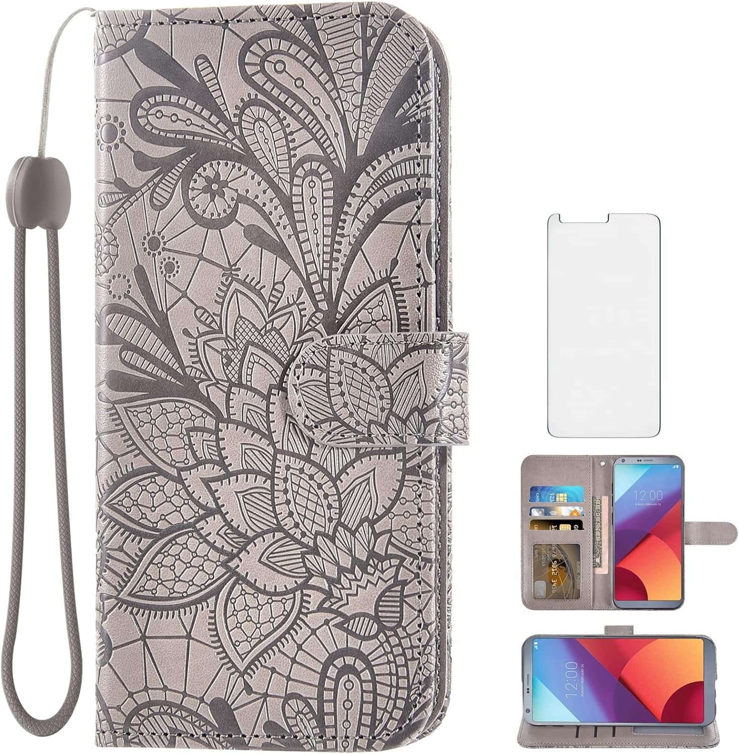 Asuwish Compatible with LG G6 Case and Tempered Glass Screen Protector Cover Cell Accessories Card Holder Lace Wallet Phone Cases for LGG6 Thinq LG6 Thin Q G 6 plus G6+ 6G VS988 H872 Women Rose Gold  Asuwish Grey  