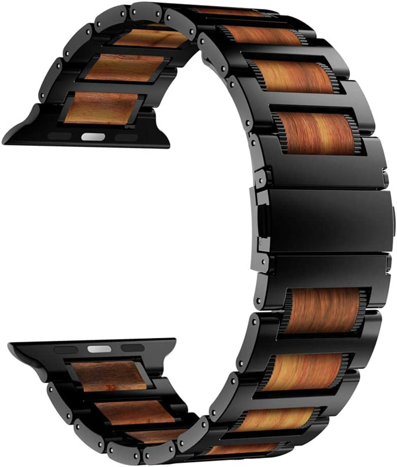Iiteeology Compatible with Apple Watch Band 49Mm 45Mm 44Mm 42Mm, Natural Wooden Stainless Steel Link Bracelet Strap for Apple Watch Ultra & SE Series 8 7 6 Series 5 4 3 2 1 - Black  iitee   