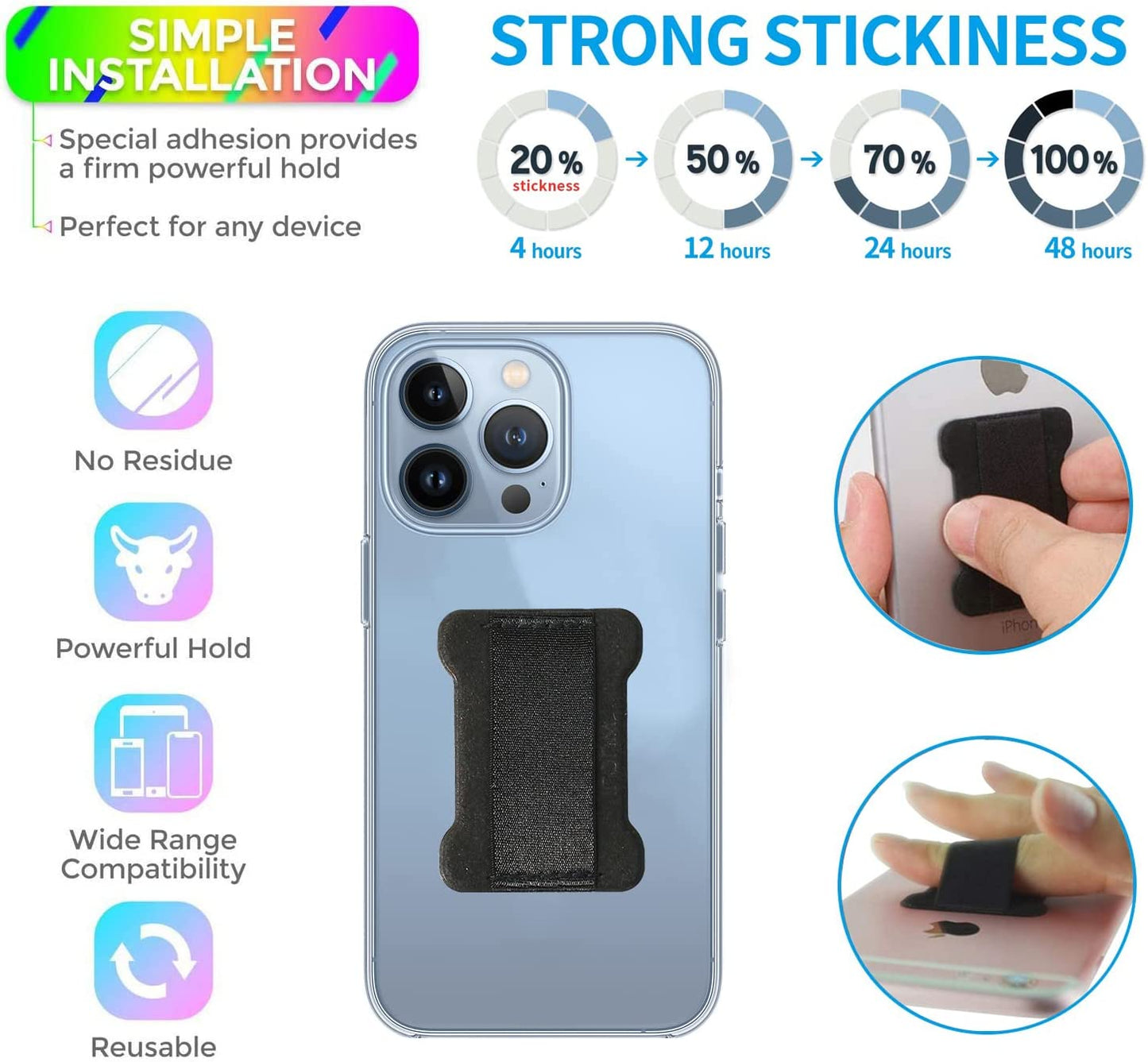 WUOJI Finger Strap Phone - Cell Phone Finger Holder - Ultra Thin Anti-Slip Universal Cell Phone Gripper for Back of Phone Grip Compatible with Iphone Samsung and Most Smartphones -2Pack(Black)  WUOJI   