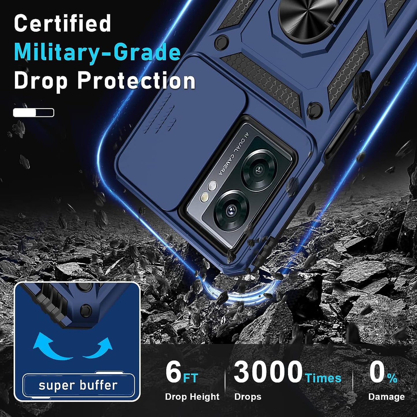 Janmitta Oneplus Nord N300 5G Case Built in Slide Camera Lens Cover and Screen Protector,Heavy Duty Shockproof Full Body Protective Phone Cover,Built in Finger Ring Stable Holder Kickstand,2022 Blue  Janmitta   