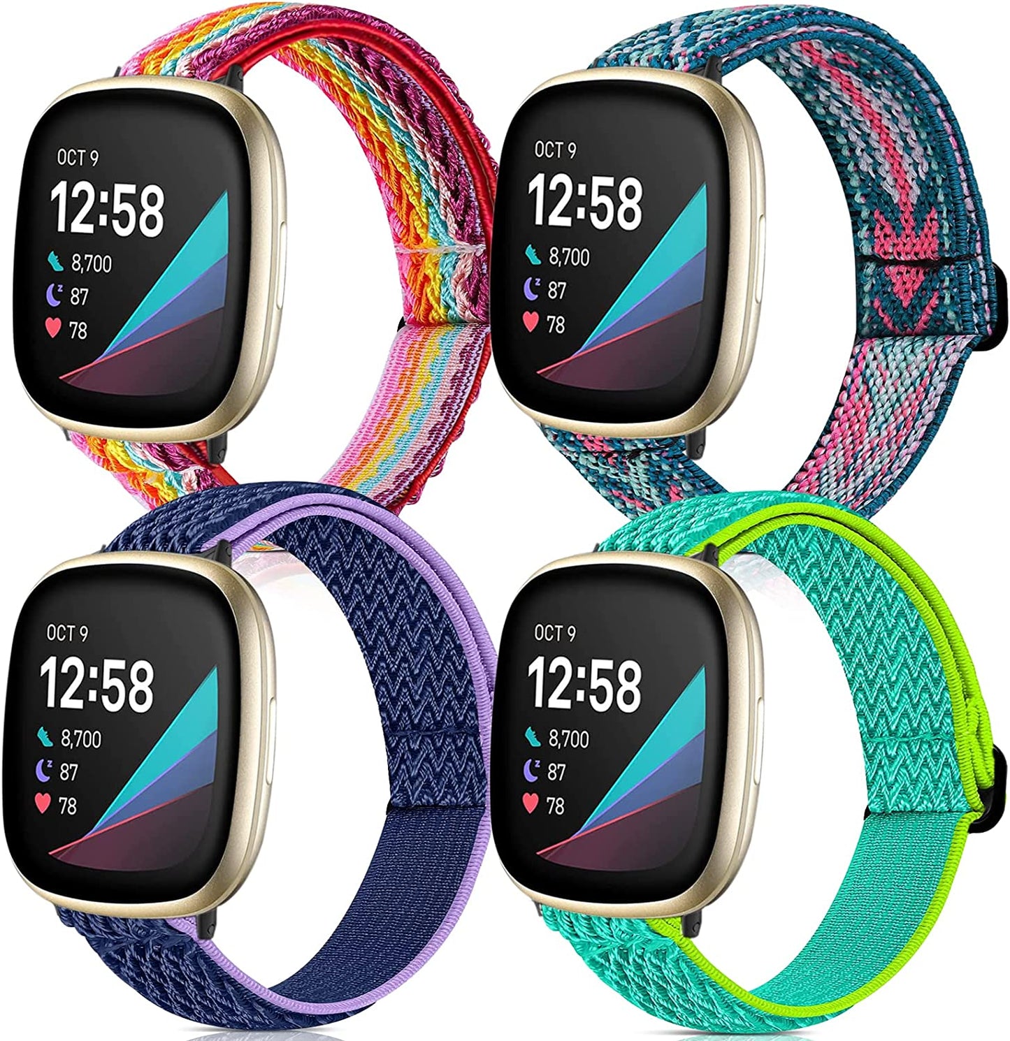 4 Pack Stretchy Bands Compatible with Fitbit Versa 3/Fitbit Versa 4/Fitbit Sense 2/Fitbit Sense Bands Women Men, Adjustable Elastic Breathable Loop Nylon Replacement Straps for Fitbit Sense & Versa 3  POHNUI Blue Purple & Green Yellow & Arrow Green & Red  