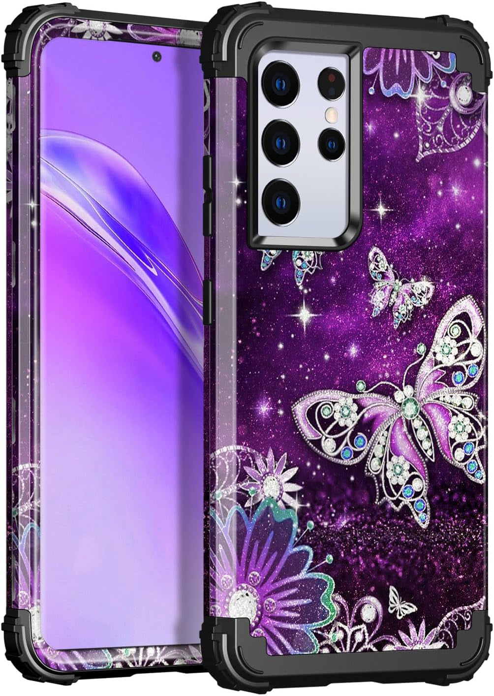 Rancase for Galaxy S21 Ultra 5G Case,Three Layer Heavy Duty Shockproof Protection Hard Plastic Bumper +Soft Silicone Rubber Protective Case for Samsung Galaxy S21 Ultra 5G 6.8 Inch,Purple Mandala  Rancase Butterfly  