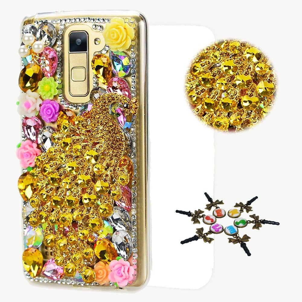 STENES LG G7 Case, LG G7 Thinq Case - STYLISH - 100+ Bling Crystal - 3D Handmade Bling Fan Chain Tassel Flowers Design Protective Cover Case for LG G7 Thinq  STENES Luxury Peacock Flowers / Gold  