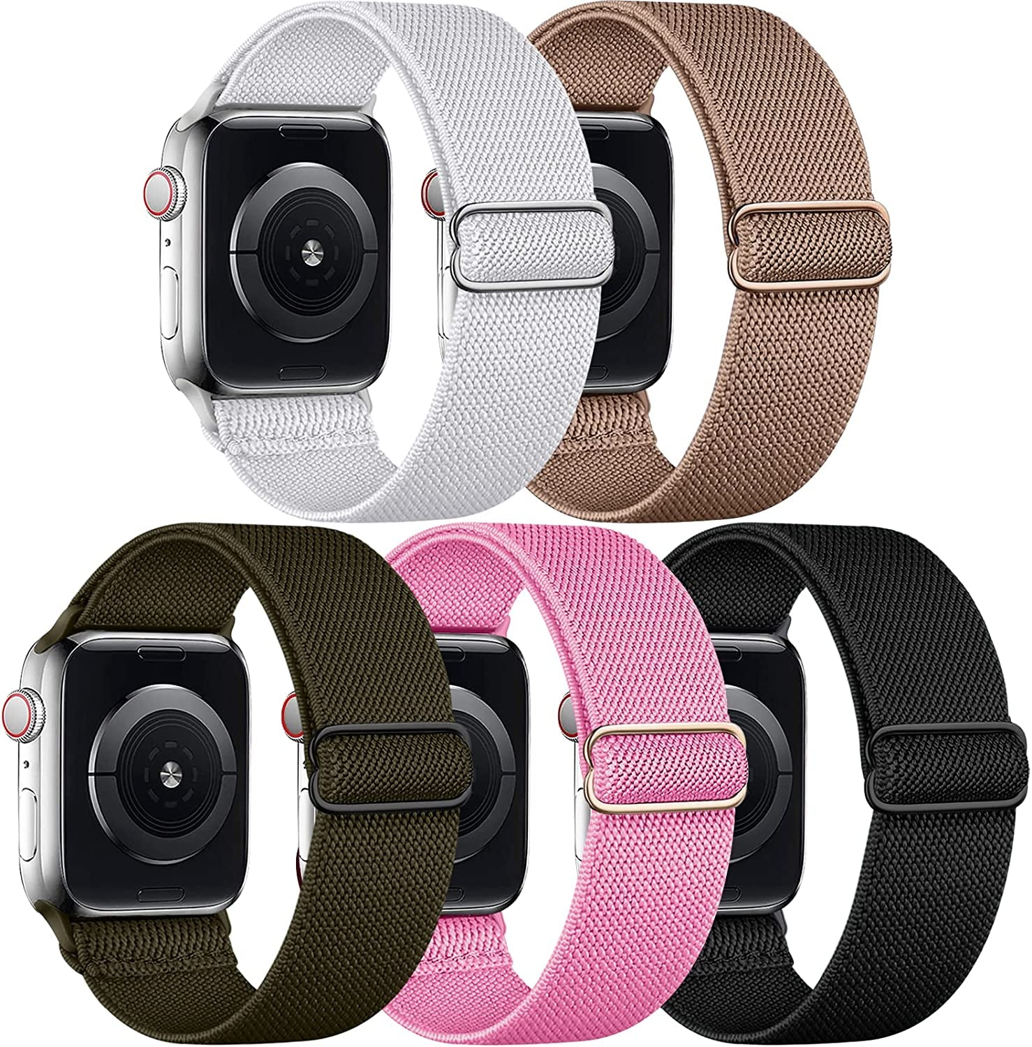 Cangroo 5 Pack Stretchy Nylon Bands Compatible with Apple Watch Band 38Mm 40Mm 41Mm 42Mm 44Mm 45Mm 49Mm for Women Men, Elastic Solo Loop Braided Wristbands for Iwatch SE Ultra Series 8 7 6 5 4 3 2 1  Cangroo White/Tan-Pink/Army Green/Rose/Black 42mm/44mm/45mm/49mm 