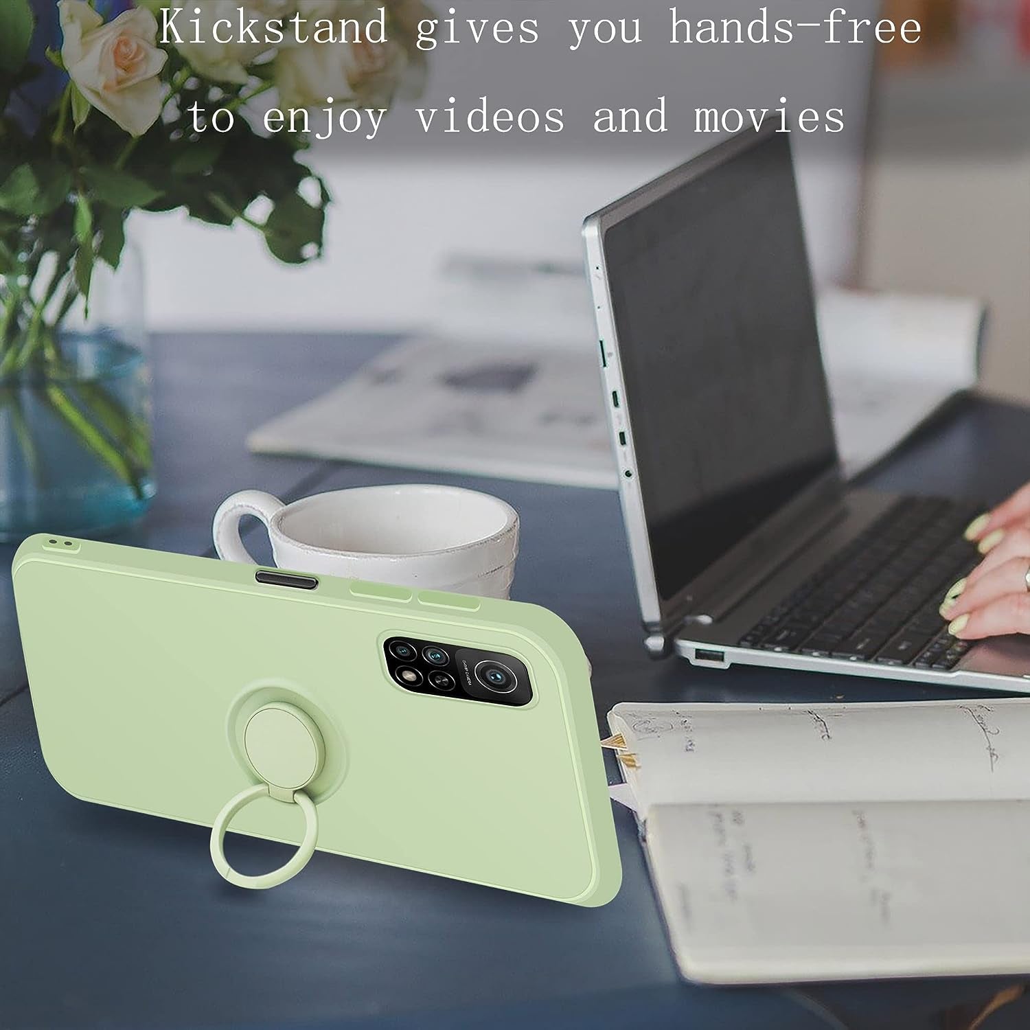 Coqibel Liquid Silicone Case for Xiaomi Mi 10T/ Xiaomi Mi 10T Pro [360° Ring Kickstand and Car Mount Function], Cover with Microfiber Liner Has Slim Full Body Protection – Tea Green  Coqibel   