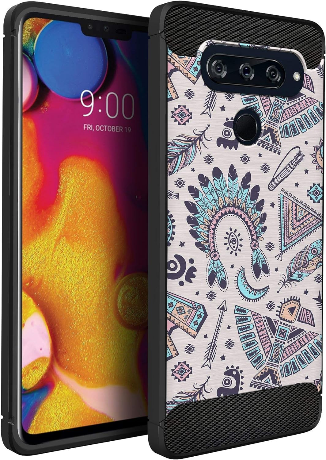 Casesondeck Case Compatible with [LG V40 Thinq] Tribal Floral Matte TPU Flexible Carbon Fiber Textured (Dreamcatcher)  CasesonDeck Blue Tribal  