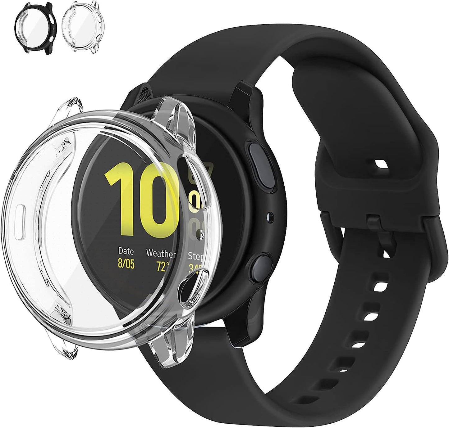 Mugust Screen Protector Cases with Band Compatible for Samsung Galaxy Watch Active 2 40Mm & 44Mm, TPU Protective Case Band Silicone Sport Wristband Strap for Men Women  Mugust Black (Clear+Black) for Galaxy Watch Active 2 44mm 