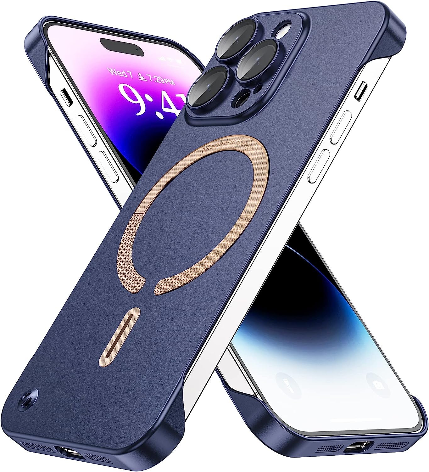 Hoerrye Magnetic Slim Fit Case for Iphone 14 Pro Max Ultra Thin Case with Full Camera Lens Protector [Compatible with Magsafe][No.1 Strong Magnetic] Frameless Phone Protective Cover,Black  Hoerrye Blue  