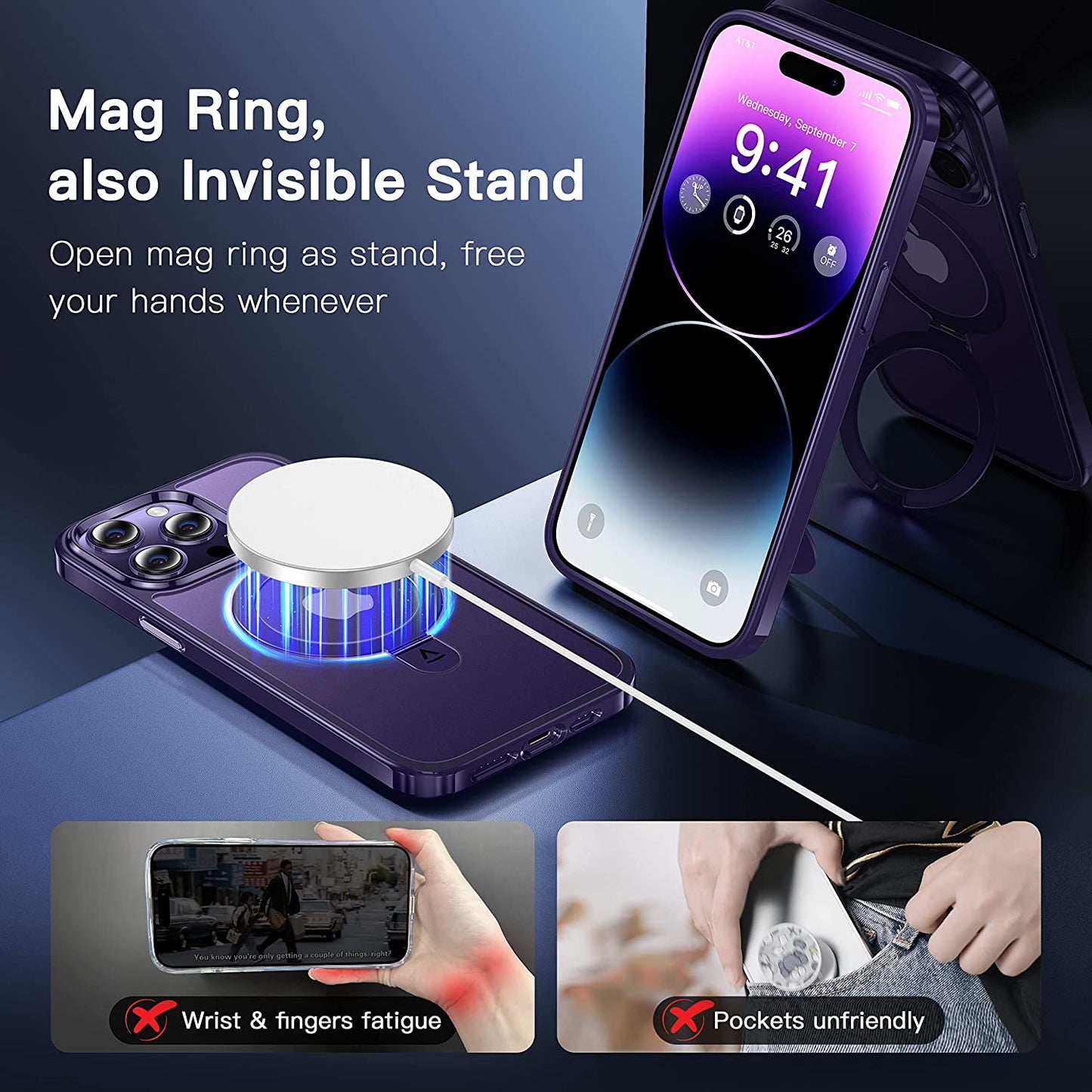 Alphex Invisible Stand Magnetic Case for Iphone 14 Pro [Look as Bare Iphone][Compatible with Magsafe] Military Grade Shockproof Matte Slim Phone Cover Ring Holder Women Men 6.1 Inch, Deep Purple  Alphex   