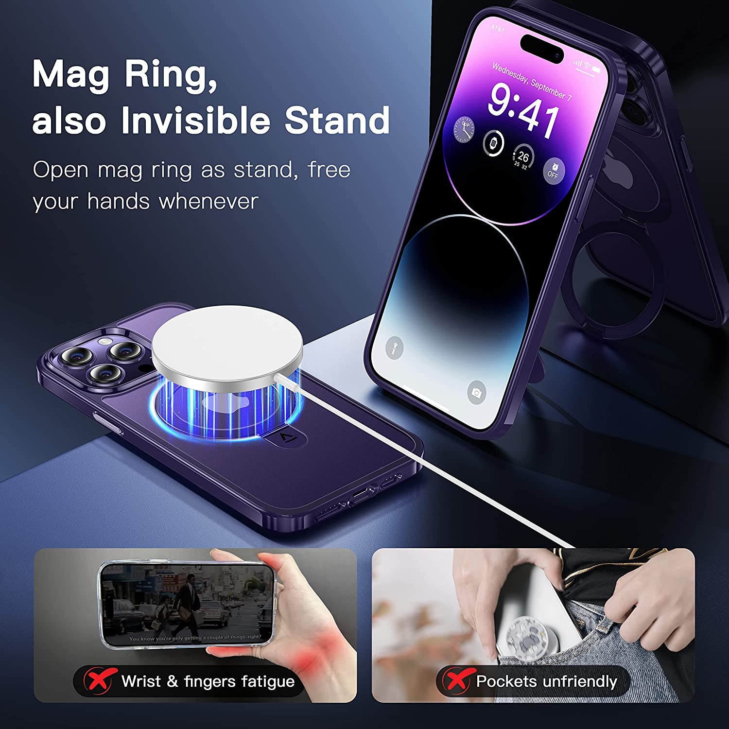 Alphex Invisible Stand Magnetic Case for Iphone 14 Pro [Look as Bare Iphone][Compatible with Magsafe] Military Grade Shockproof Matte Slim Phone Cover Ring Holder Women Men 6.1 Inch, Deep Purple  Alphex   