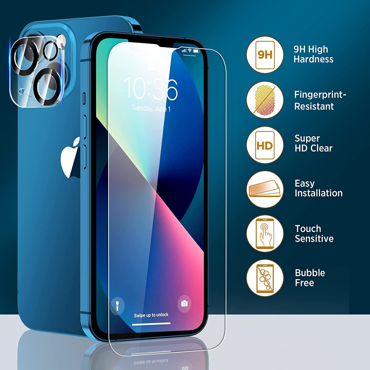 Invoibler 3 Pack Screen Protector Compatible with Iphone 13 + 3 Pack Camera Lens Protector, Iphone 13 Screen Protector Tempered Glass, 6.1 Inch [HD Clear] [Bubble Free] [Not for Iphone 13 Pro]  Invoibler   