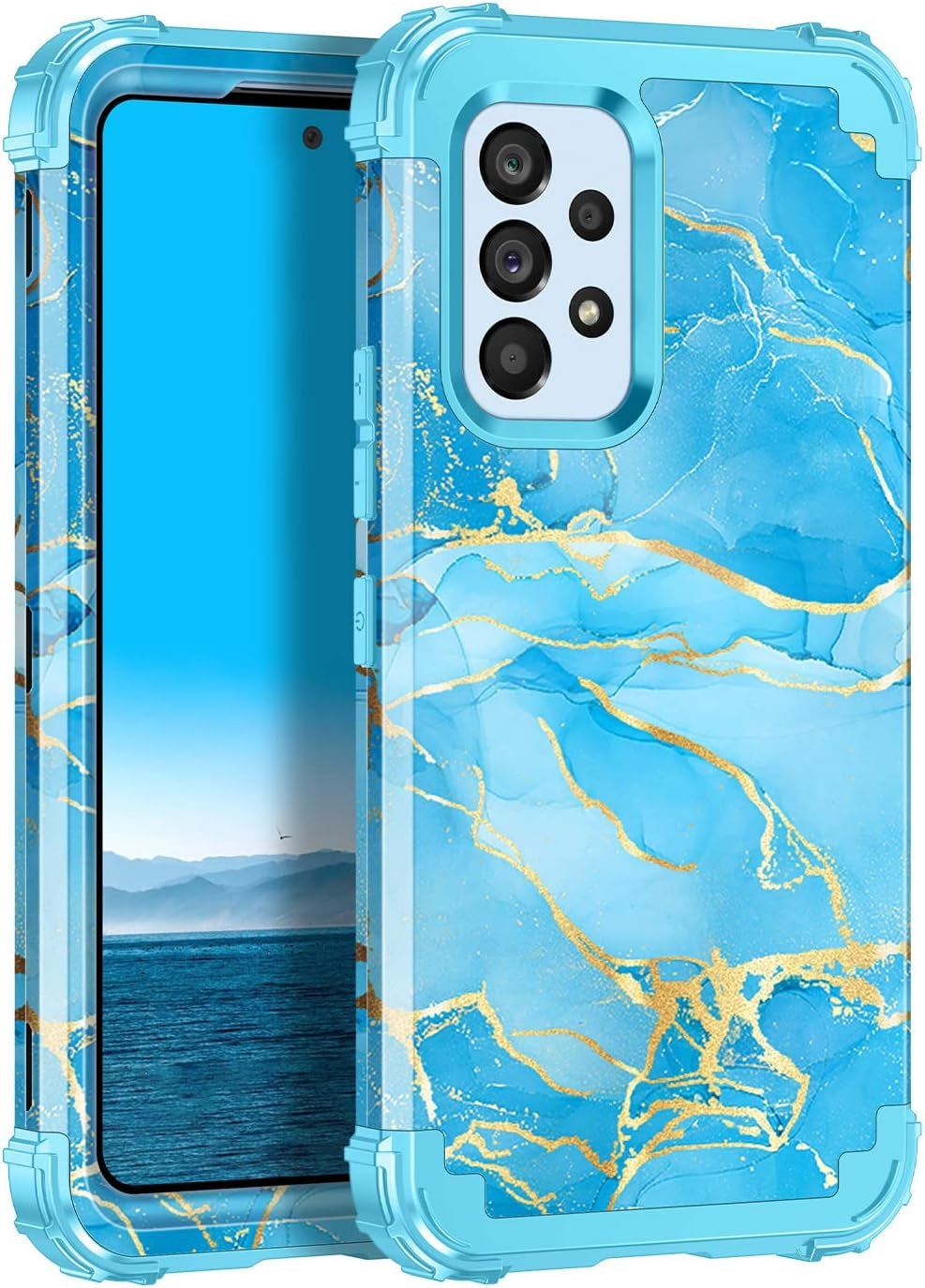 Casetego Compatible with Galaxy A53 5G Case,Floral Three Layer Heavy Duty Sturdy Shockproof Full Body Protective Cover Case for Samsung Galaxy A53 5G,Blue Flower  Casetego Blue Marble  