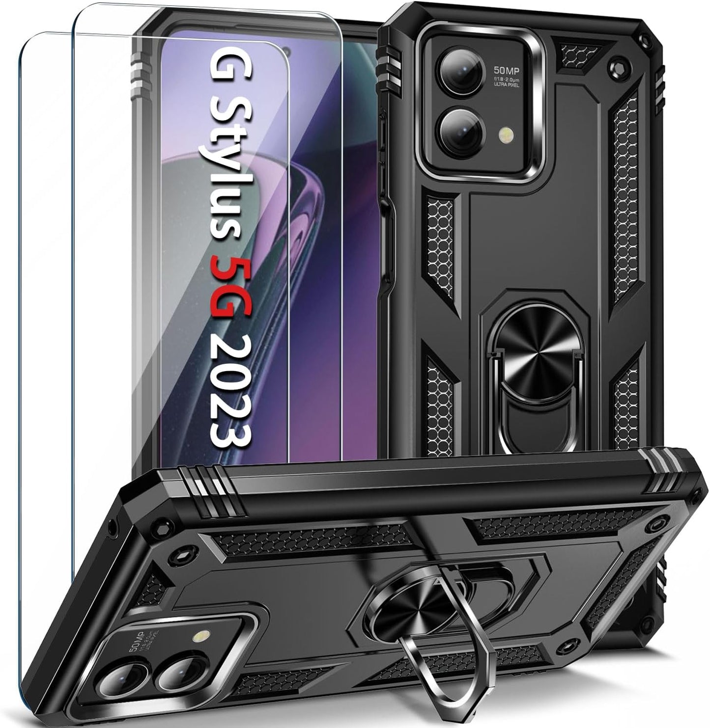 𝟮𝟬𝟮𝟯 𝗡𝗘𝗪 for Moto G Stylus 5G 2023 Case with [2 Packs] Tempered Glass Screen Protector,[Military-Grade] Rugged Full Body Shockproof Case with Kickstand for Motorola Moto G Stylus 5G 2023,Purple  Pevezeda Black  