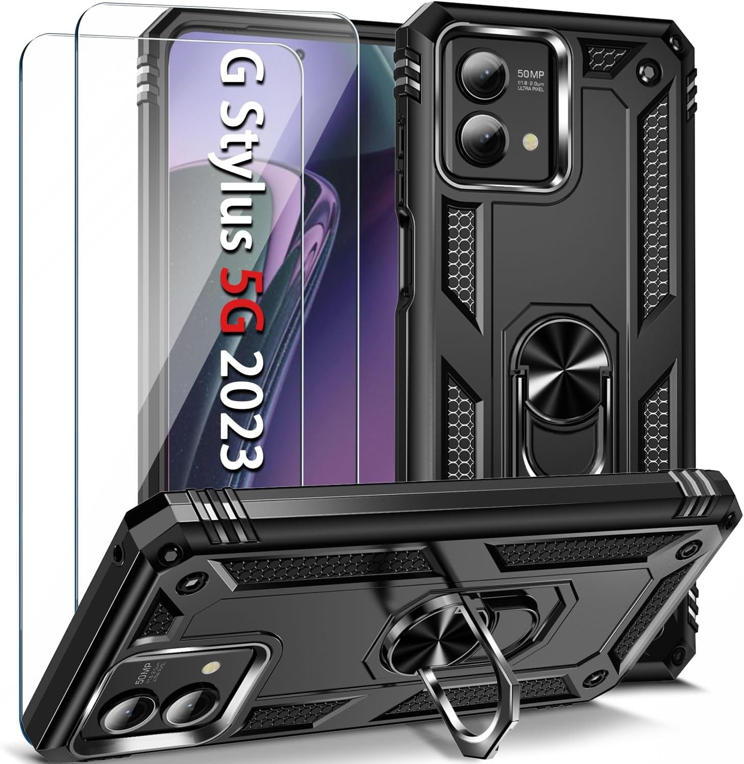 𝟮𝟬𝟮𝟯 𝗡𝗘𝗪 for Moto G Stylus 5G 2023 Case with [2 Packs] Tempered Glass Screen Protector,[Military-Grade] Rugged Full Body Shockproof Case with Kickstand for Motorola Moto G Stylus 5G 2023,Purple  Pevezeda Black  