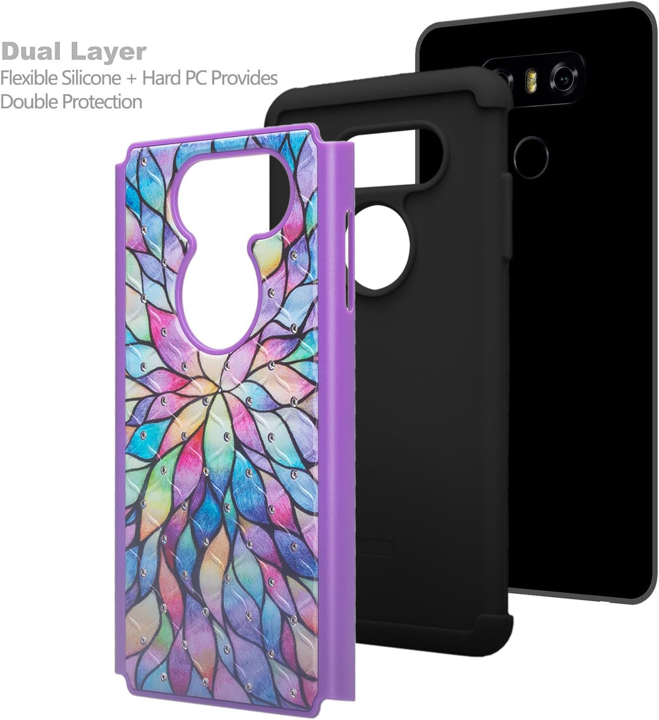 Galaxy Wireless Compatible for LG V30, LG V30 [Impact Resistant] Diamond Hybrid Dual Layer Armor Defender Protective Silicone Bumper - (Hot Pink Heart) (Rainbow Flower)  GALAXY WIRELESS   