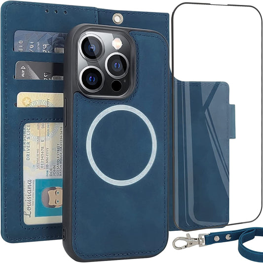 CAVOKAS Case Wallet for Iphone 14 Pro Wallet Case, 6.1 Inch Magnetic Detachable Leather Flip Case with Card Holders, Compatible with Magsafe Wireless Charging Kickstand Phone Cover RFID Block, Blue  CAVOKAS   