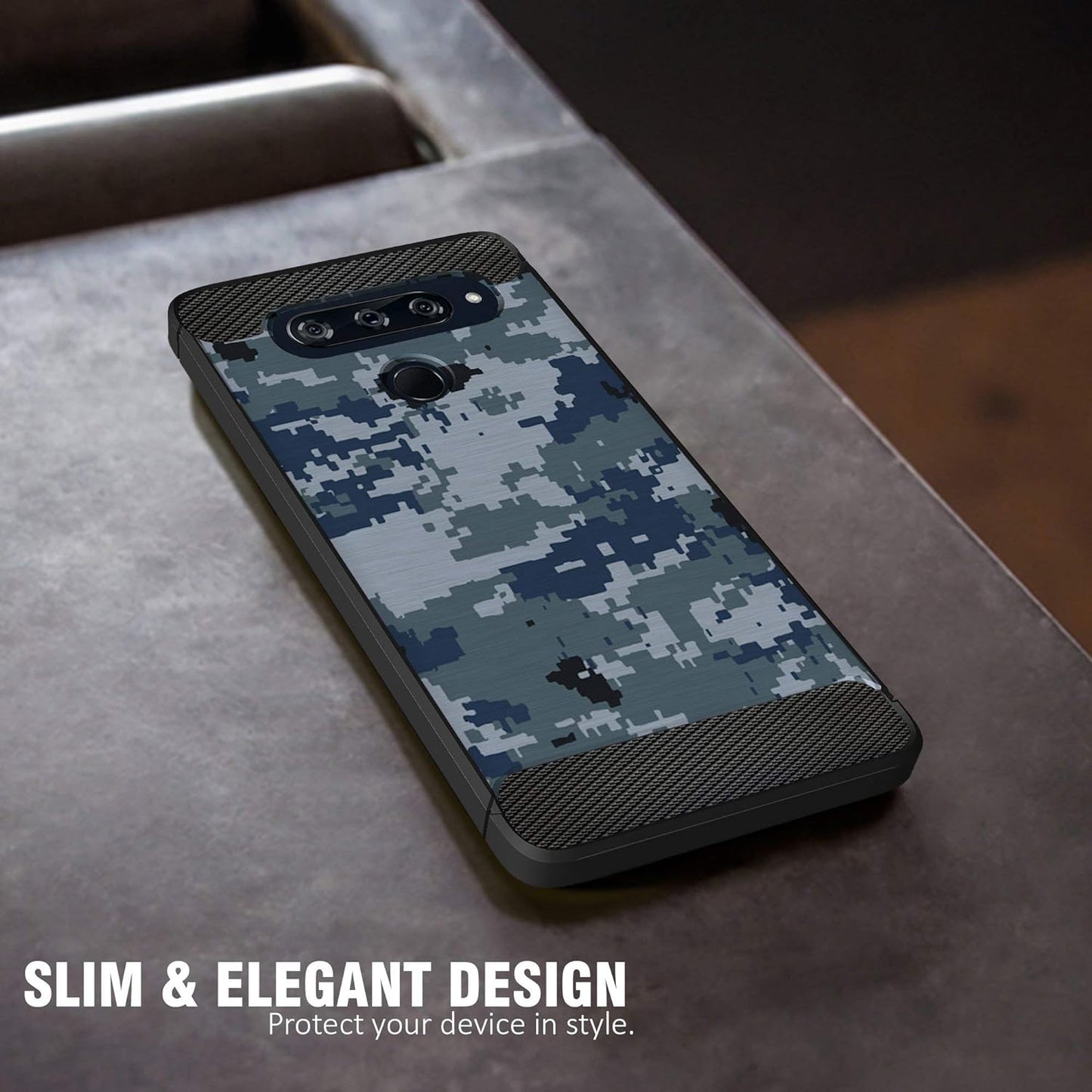 Casesondeck Fitted Case Compatible with [LG V40 Thinq] Carbon Fiber Accents Bump and Drop Protecting Flexible TPU (Blue Digital Camo)  CasesonDeck   