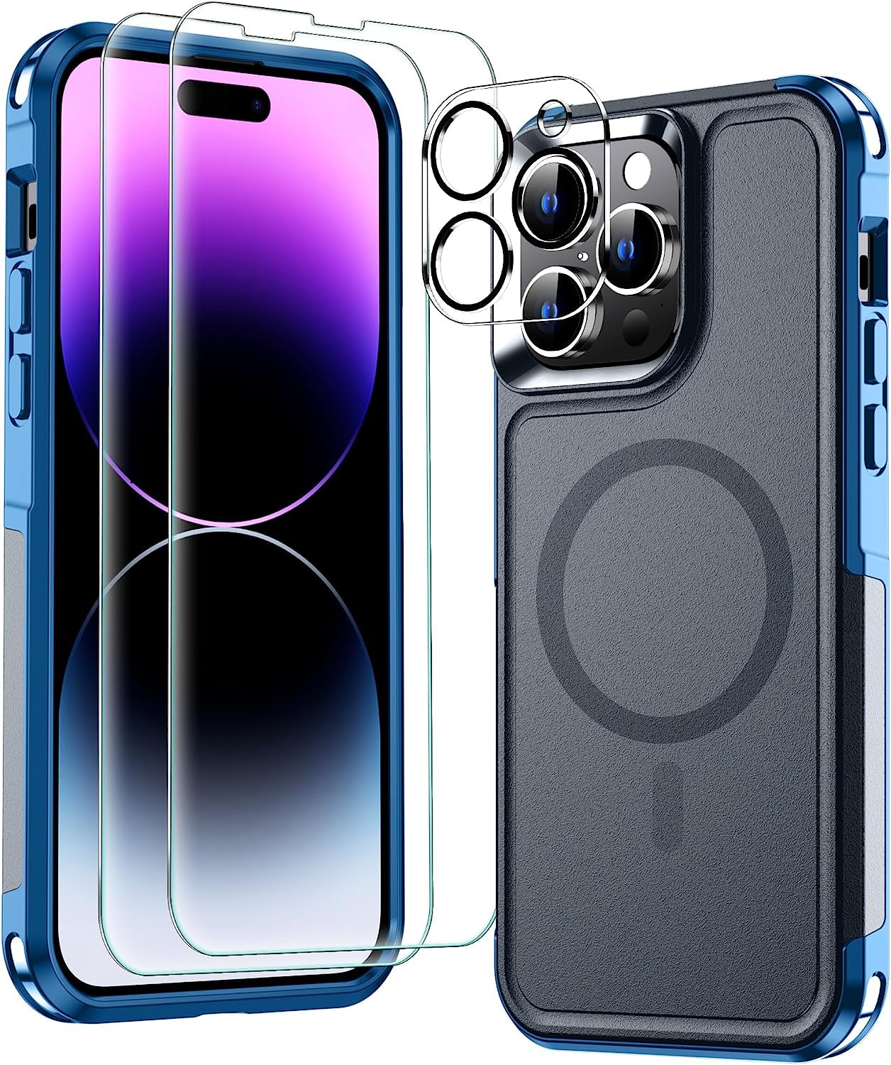 MOZOTER 6-In-1 Magnetic for Iphone 14 Pro Case,[Compatible with Magsafe][Glass Screen Protector+Camera Lens Protector] [Anti-Yellowing] Slim Shockproof for Iphone 14 Pro Phone Case 6.1 Inch-Clear  MOZOTER Dark Blue  